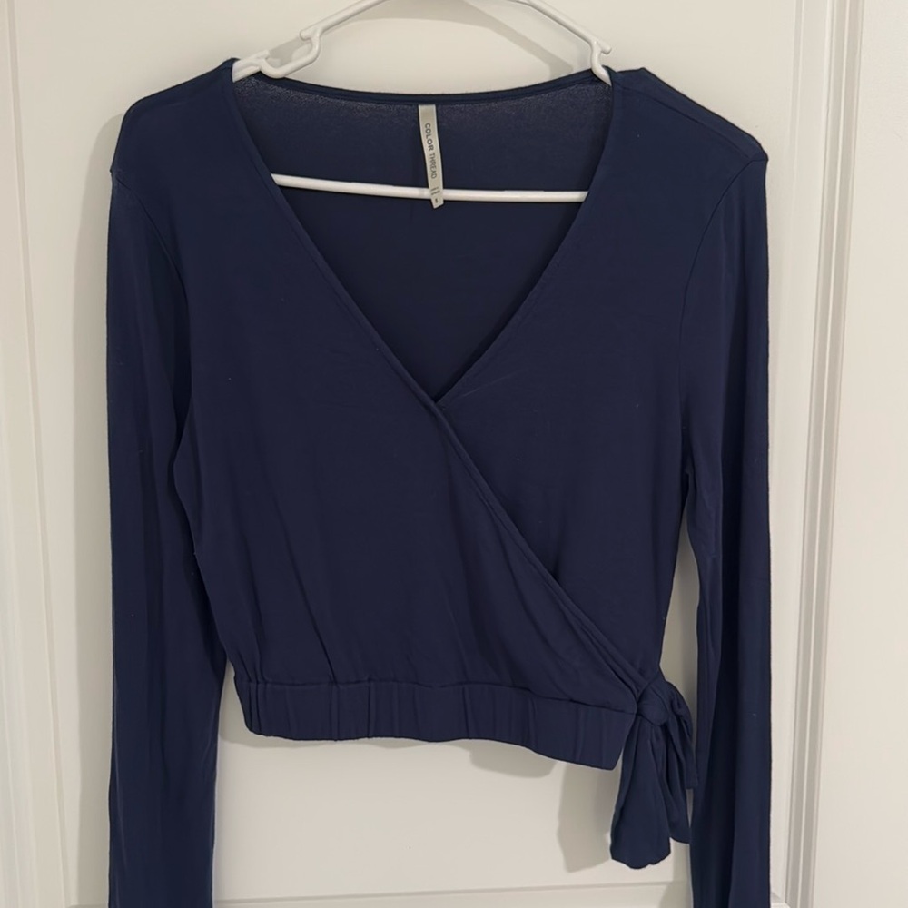 Color Thread Crossover V-Neck Blouse